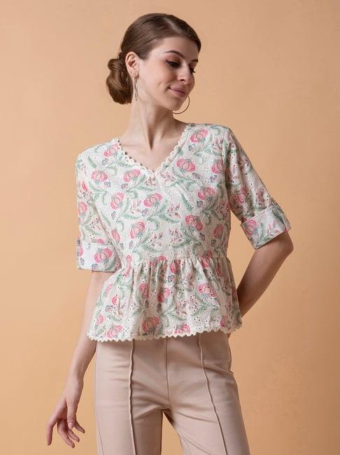 showoff off white floral print schiffli top