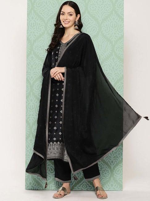 libas black embroidered kurta pant set with dupatta