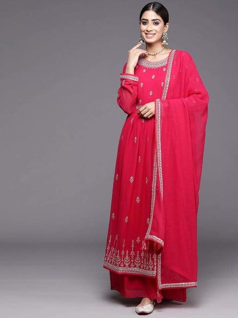 libas pink embroidered kurta palazzo set with dupatta