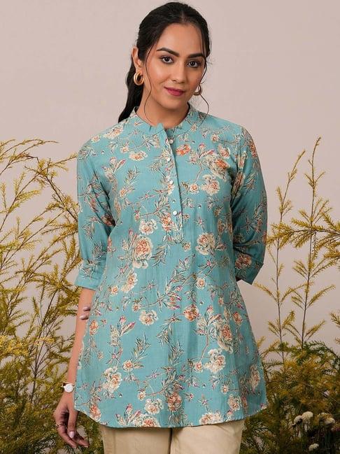 libas blue printed straight short kurti