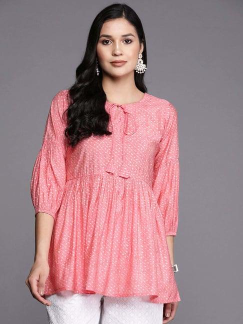 libas pink printed fit and flare short kurti