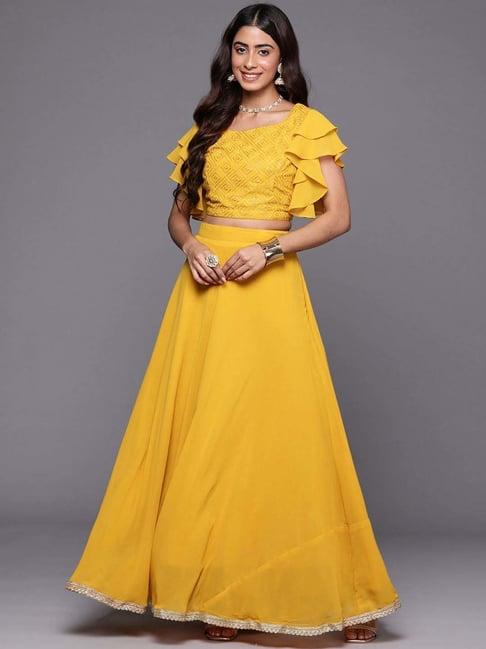 libas mustard embroidered crop top skirt set