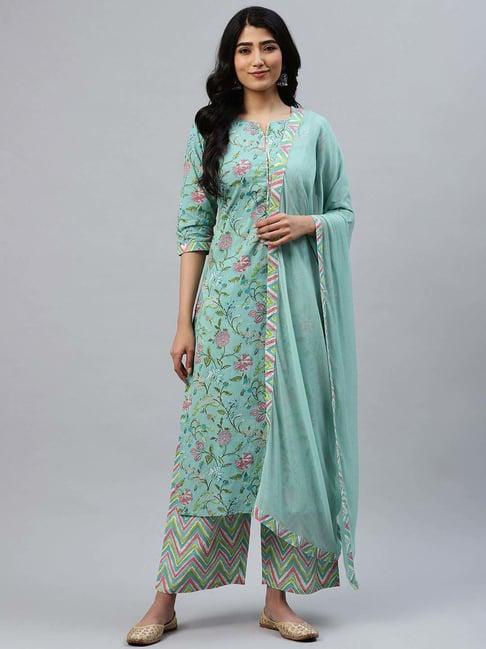 libas multicoloured cotton printed kurta palazzo set with dupatta