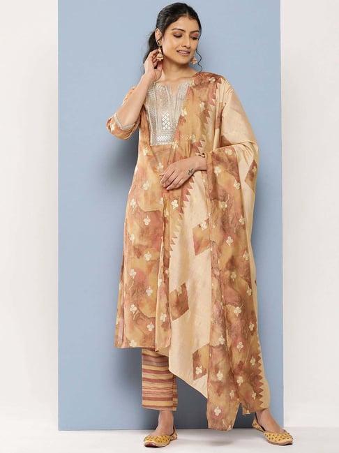 libas beige embellished kurta pant set with dupatta