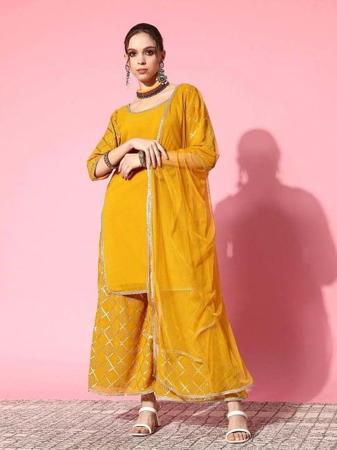 libas yellow embellished kurti palazzo set with dupatta