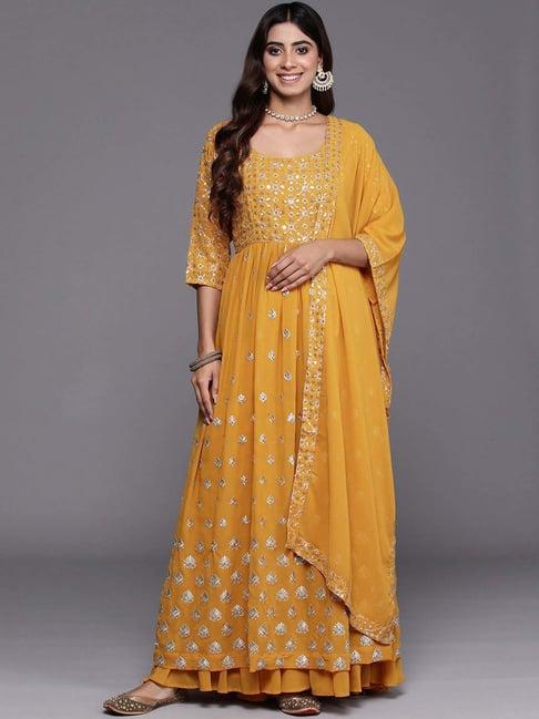 libas mustard embroidered kurta palazzo set with dupatta