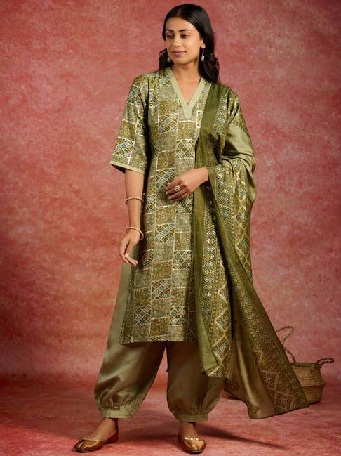 libas green printed kurta salwar set with dupatta