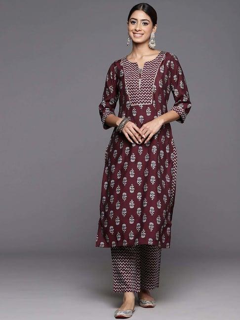 libas maroon printed kurta pant set