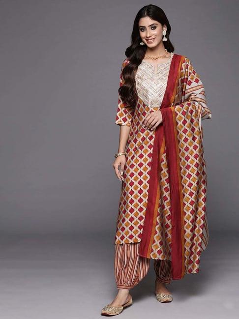 libas maroon printed kurta salwar set with dupatta