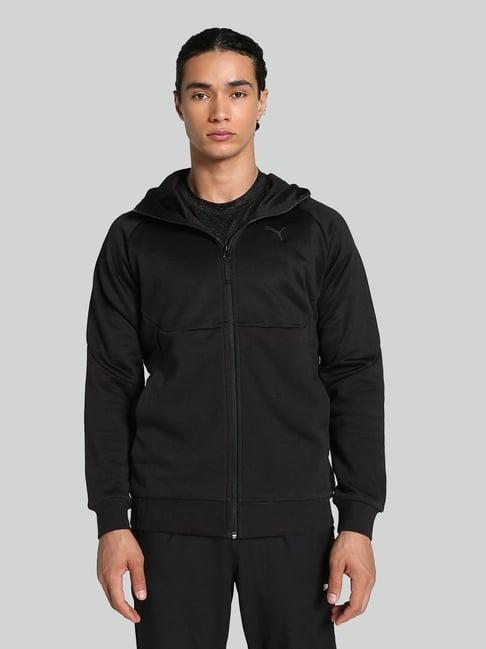 puma black regular fit texture hooded jacket