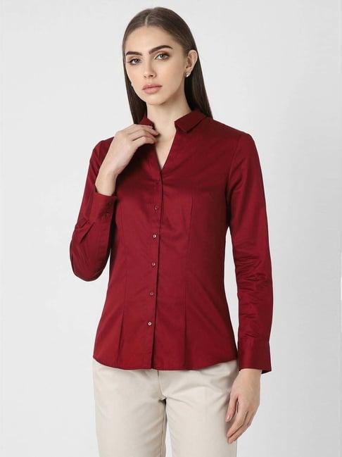 van heusen maroon cotton plain formal shirt