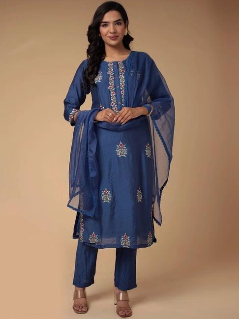 zari jaipur blue embroidered kurta pant set with dupatta