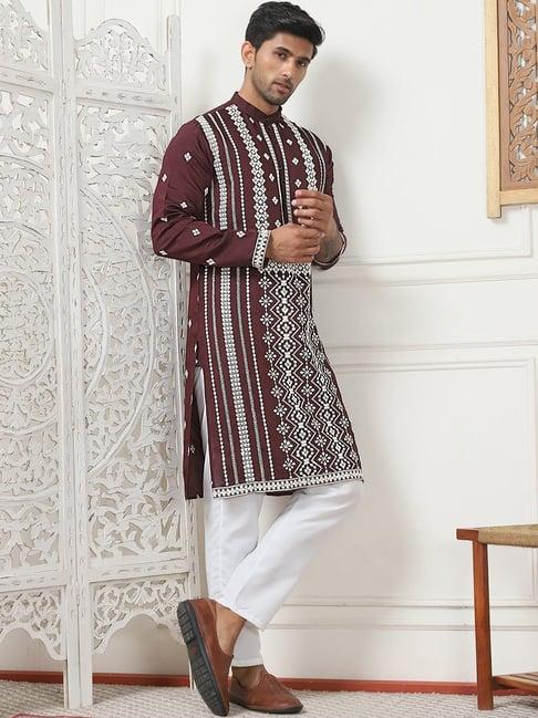 jompers wine & white regular fit embroidered kurta bottom set