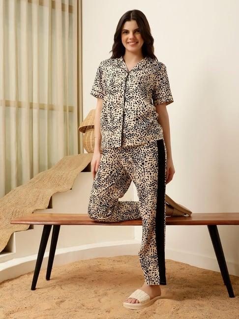 slumber jill beige & black printed shirt with pyjama