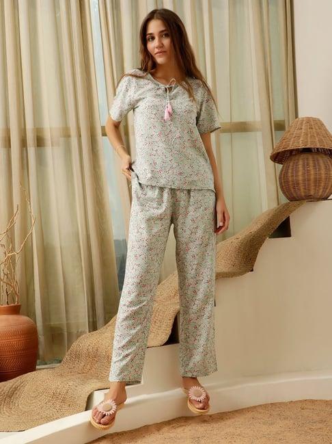 slumber jill green printed top with pyjama