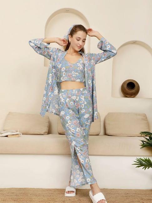 slumber jill blue printed crop top & pyjama with shrug