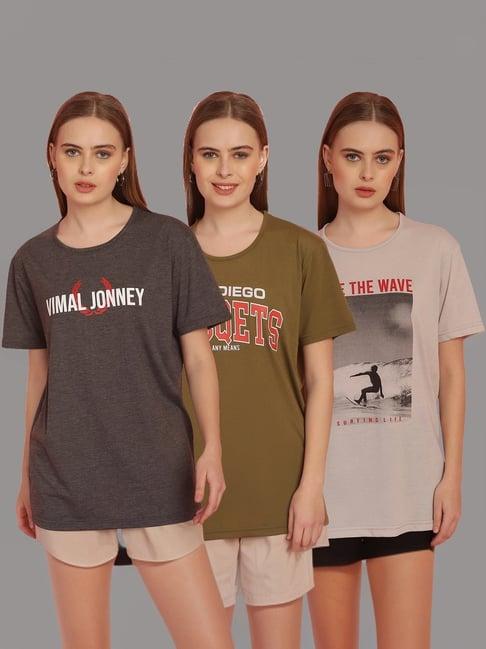 vimal jonney grey & brown cotton printed t-shirt - pack of 3