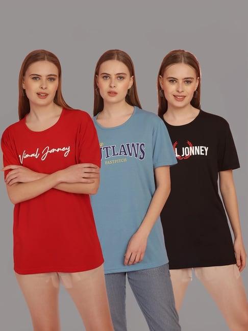 vimal jonney red & blue cotton printed t-shirt - pack of 3