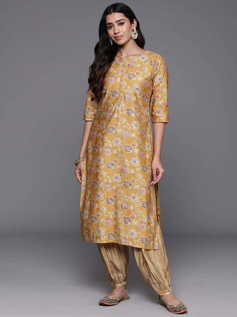 libas yellow printed kurta salwar set