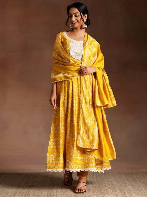 libas mustard printed kurta churidar set with dupatta