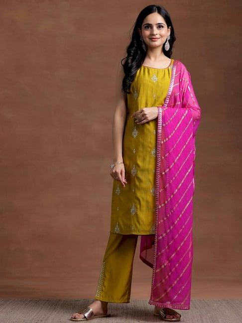 libas mustard embroidered kurta pant set with dupatta