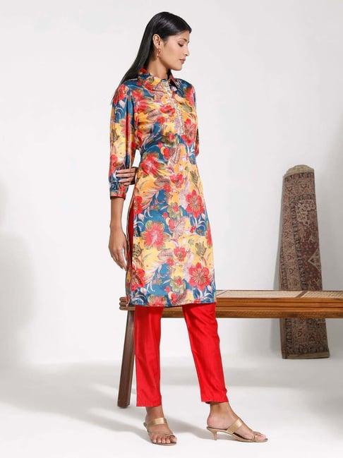 vastramay yellow & red printed kurta pant set