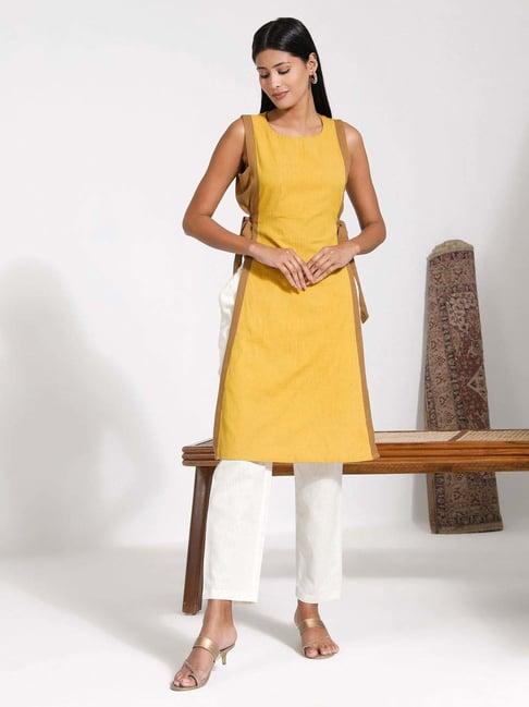 vastramay mustard & white printed kurta pant set