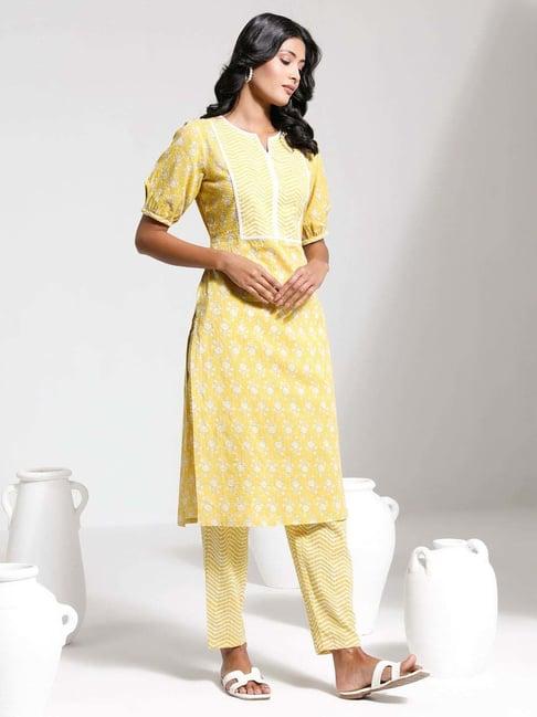 vastramay yellow printed kurta pant set