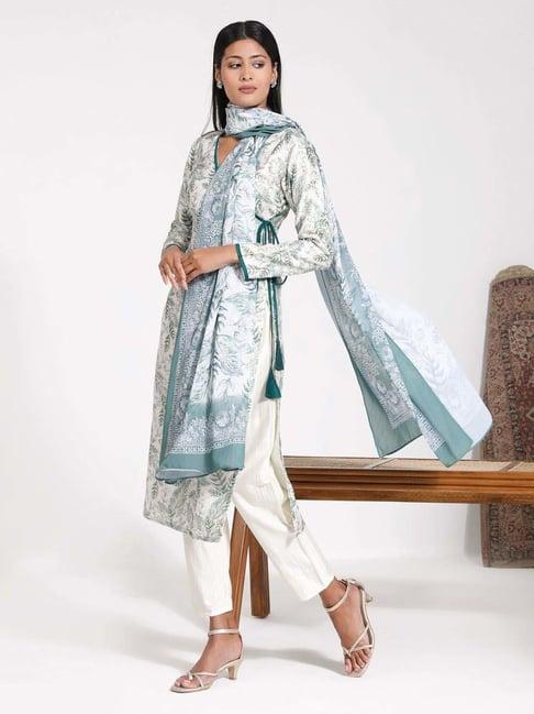 vastramay green printed kurta pant set with dupatta