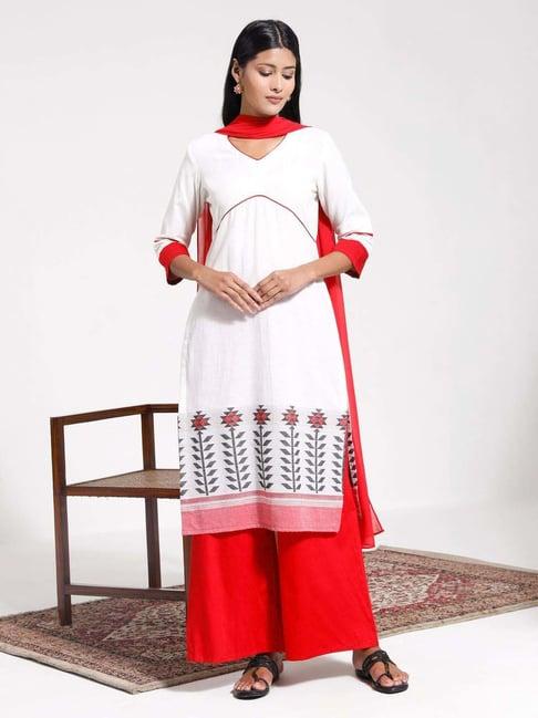 vastramay white & red printed kurta palazzo set with dupatta