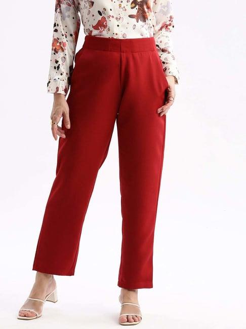 showoff maroon mid rise formal trousers