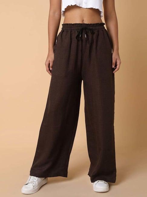 showoff brown cotton mid rise flared pants