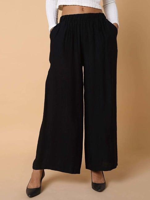 showoff black cotton pleated flared pants