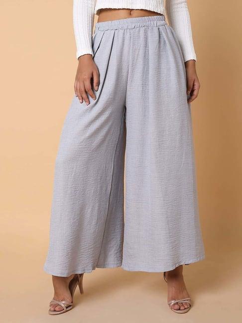 showoff grey cotton mid rise flared pants