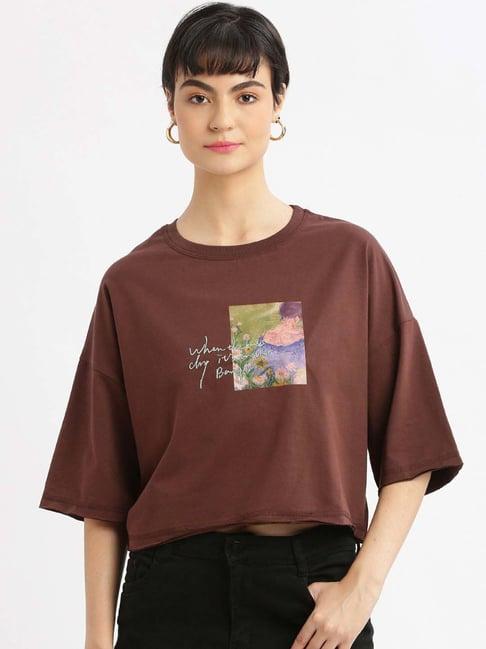 showoff brown cotton printed t-shirt