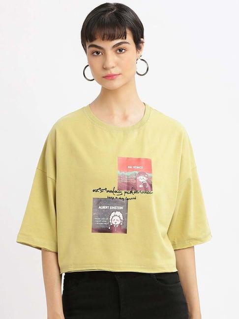 showoff mustard cotton printed t-shirt