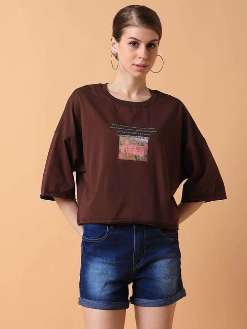 showoff brown cotton printed t-shirt