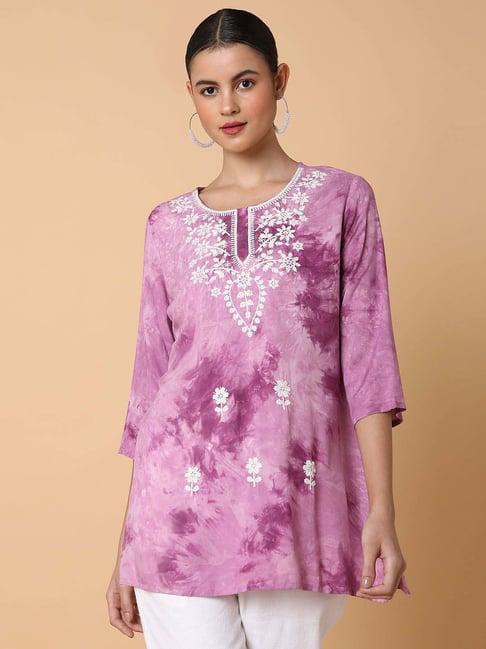 showoff purple cotton embroidered straight short kurti