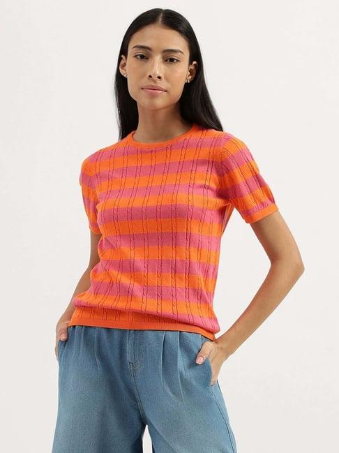 united colors of benetton orange & purple cotton striped top