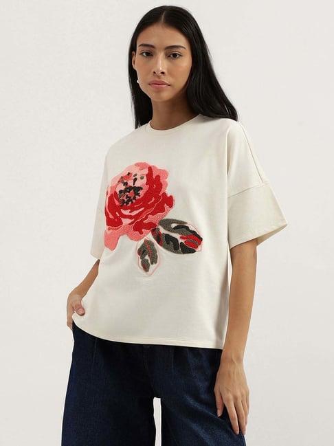 united colors of benetton cream cotton floral design t-shirt