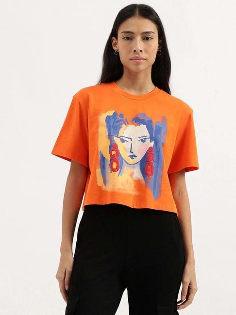 united colors of benetton orange printed t-shirt