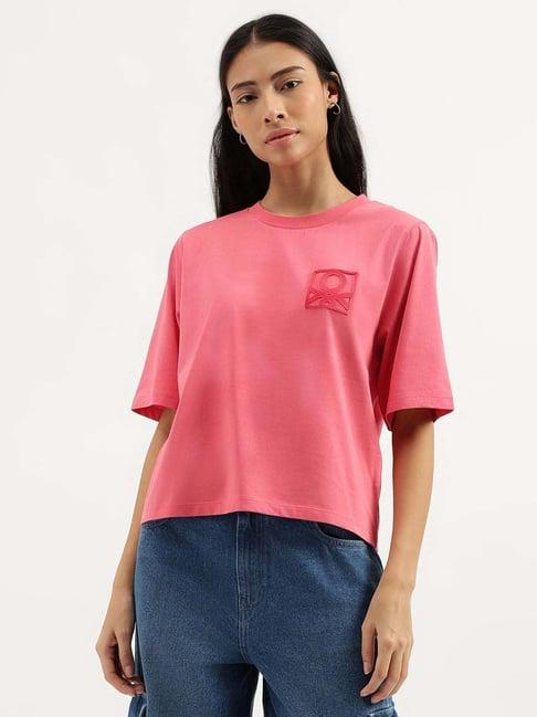 united colors of benetton pink cotton logo work t-shirt