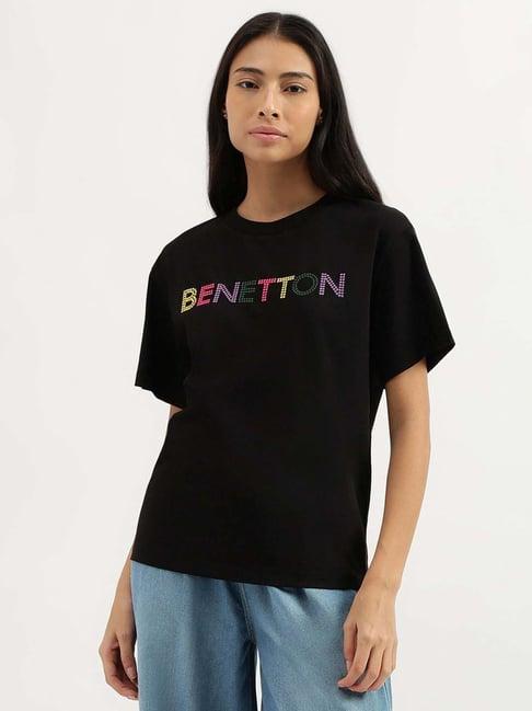 united colors of benetton black cotton embroidered t-shirt