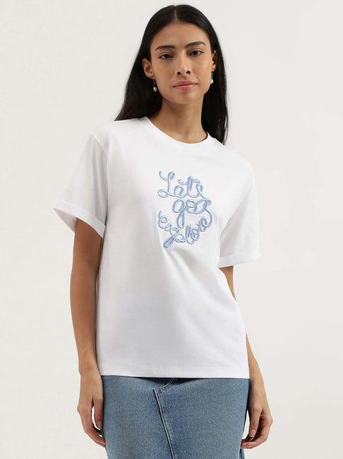 united colors of benetton white cotton embroidered t-shirt