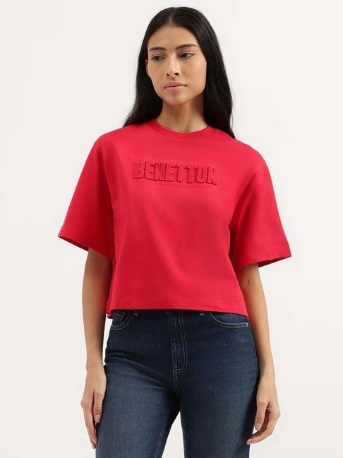 united colors of benetton fuchsia cotton debossed t-shirt