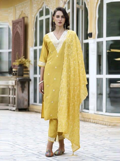 vredevogel yellow embroidered kurta & pant set with dupatta