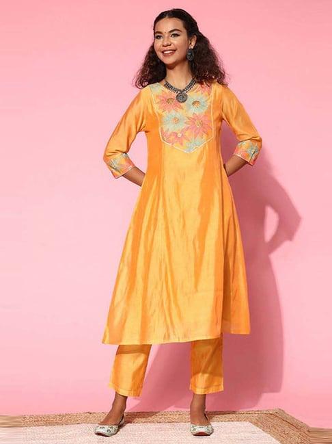 jaipur kurti yellow embroidered kurta pant set