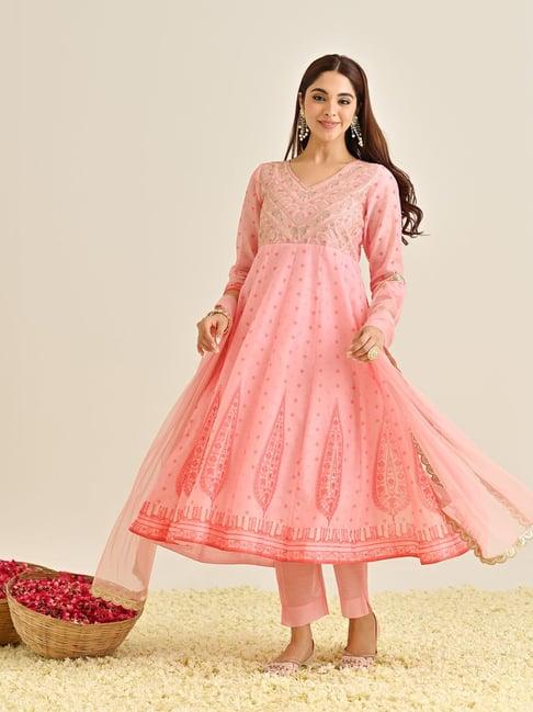 rustorange pink embroidered kurta with pant & dupatta