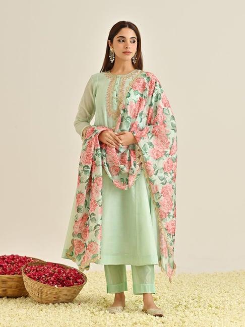 rustorange blue embroidered kurta with pant & dupatta