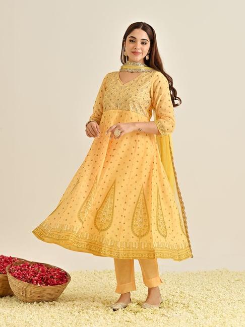 rustorange yellow embroidered kurta with pant & dupatta